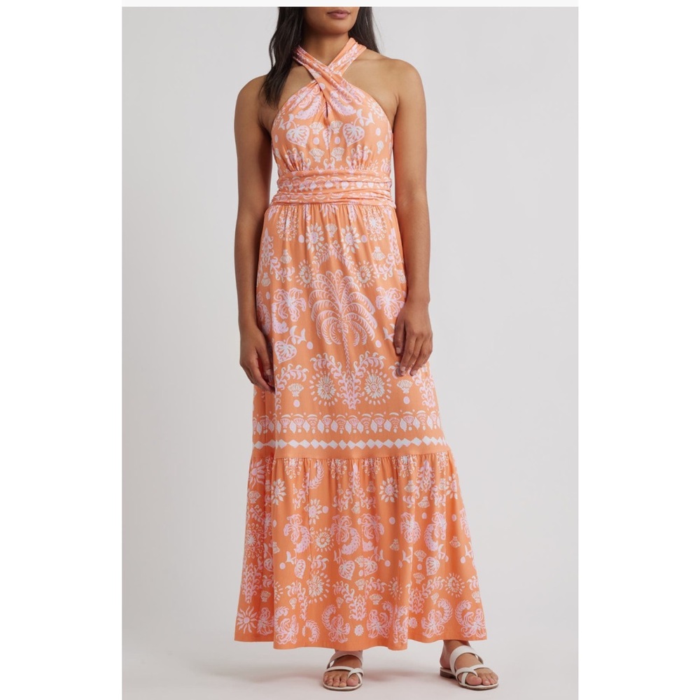 Lilly Pulitzer Peach and White Halter Maxi Dress